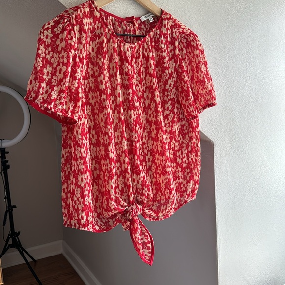Madewell Red Floral Crinkled Chiffon Sheer Blouse - Picture 2 of 6